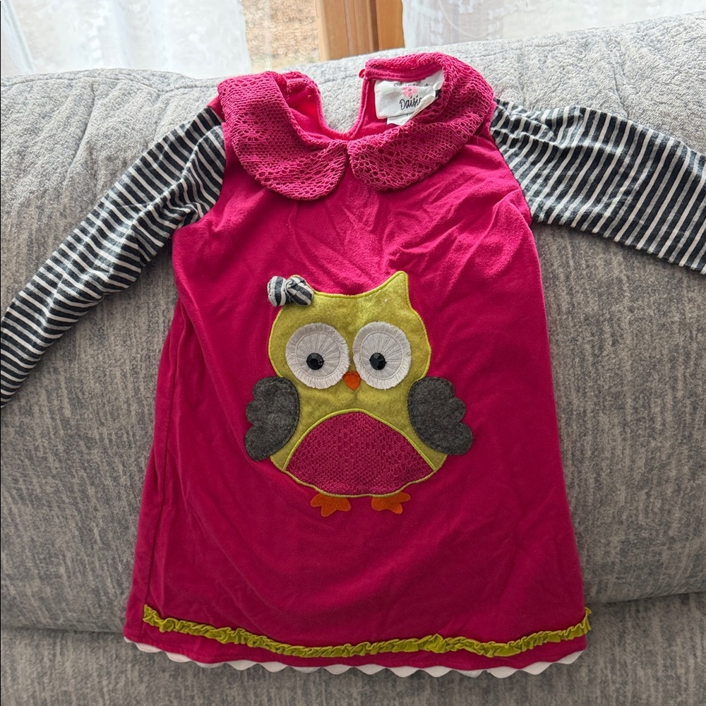Charming Fuchsia Owl Dress with Striped Sleeves